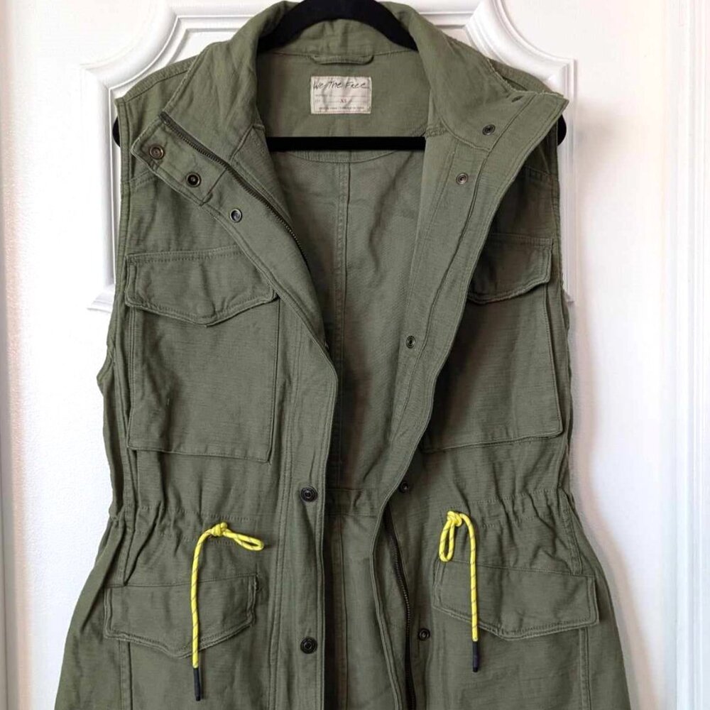 Free People Fresh Cotton Washed Army Green Utility Mode Yellow Tie Vest NWT XS